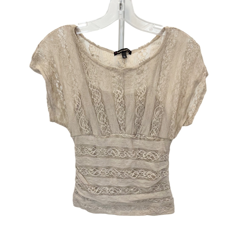 Y2K Heart Soul Tan Lace Empire Waist Blouse Boho Y2K Fairy Cap Sleeve Top LARGE